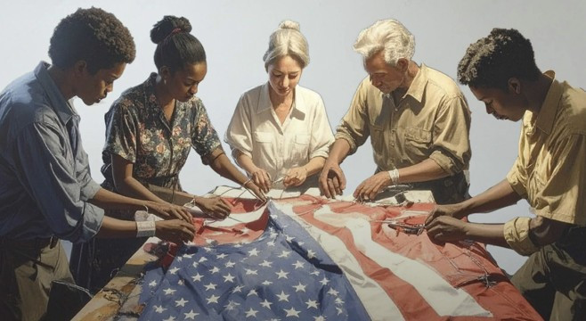Americans coming together to mend the flag - America 5.0 artwork