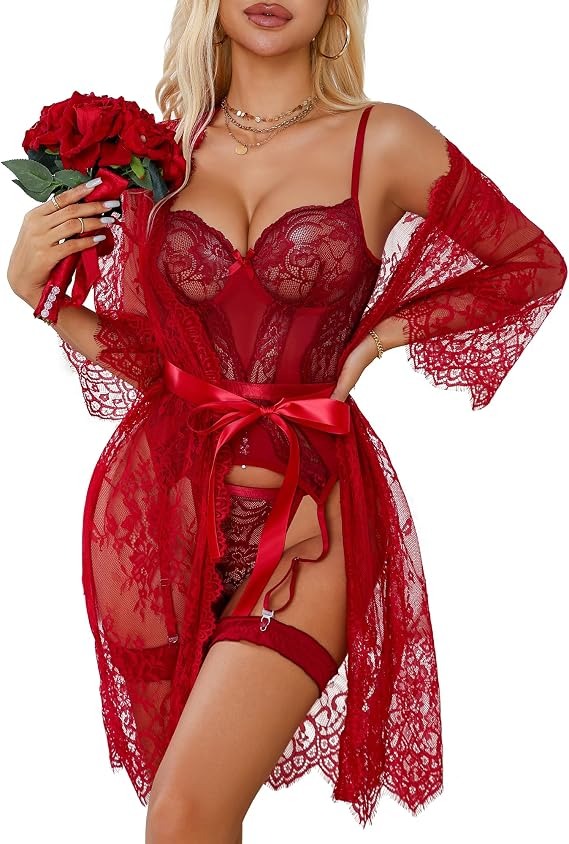 CHALOVELO Red Lace Corset with Matching Sheer Robe
