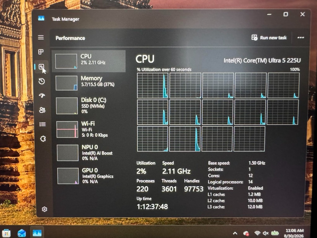 Windows Task Manager showing Intel Core Ultra 5 225U processor and Intel AI Boost NPU