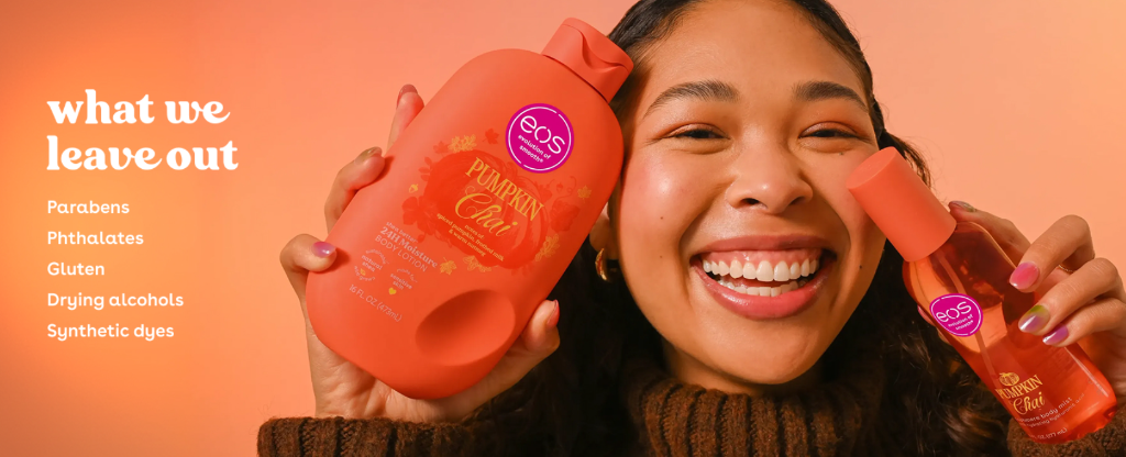 eos Pumpkin Chai clean formulation free from parabens, phthalates, gluten, drying alcohols, and synthetic dyes