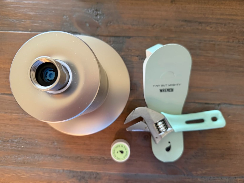 Jolie Filtered Showerhead unboxing with wrench and tape