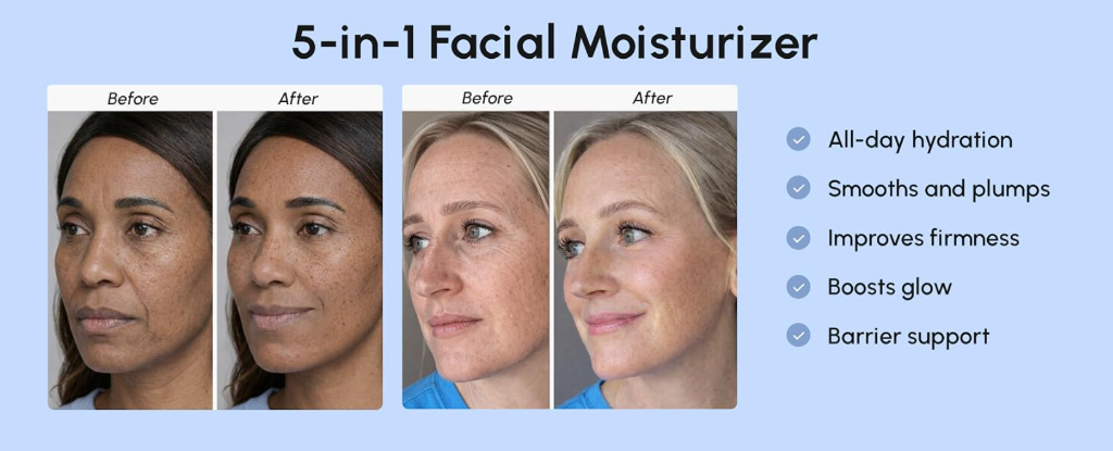 MARÉE 5-in-1 Facial Moisturizer before and after showing all-day hydration, smoothing, and firmness