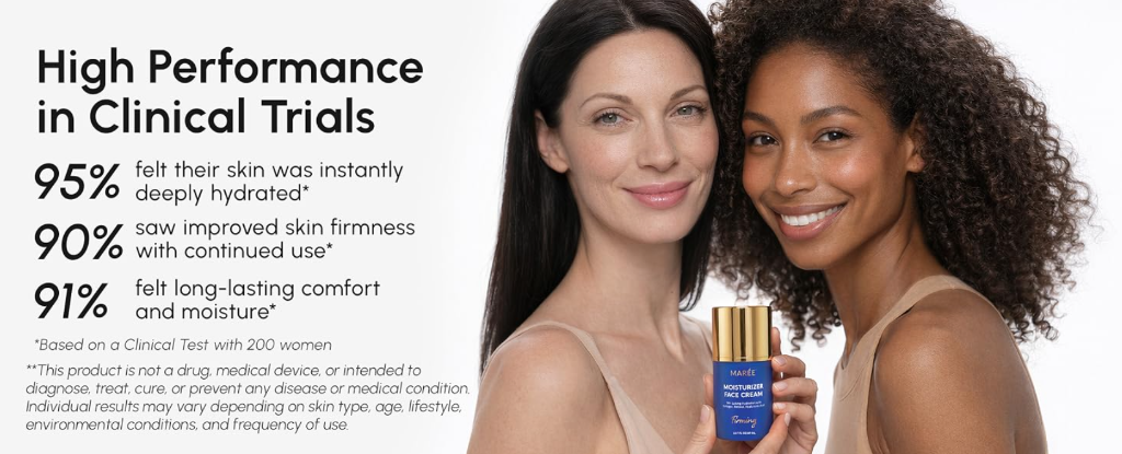 Clinical trial demonstration featuring models and MARÉE blue bottle showing 95% hydration data