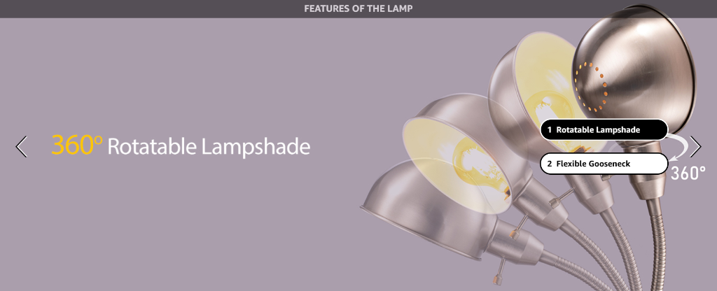 Diagram showing OBright Nova 360 degree rotatable lampshade and heavy-duty flexible gooseneck