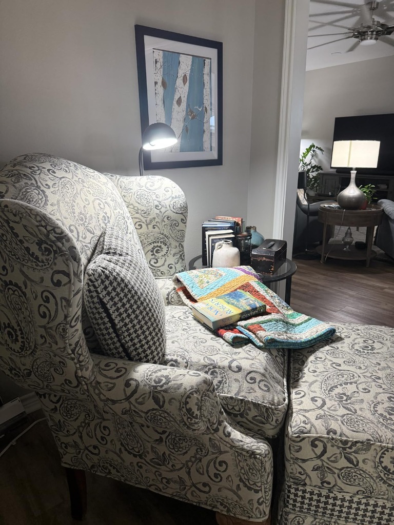 OBright Nova matte black floor lamp beside upholstered paisley wingback reading chair and quilt
