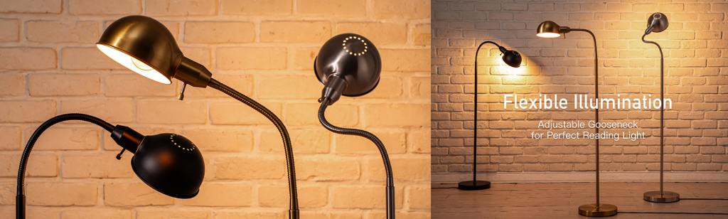 OBright Nova floor lamp in matte black, antique brass, and brushed nickel finishes