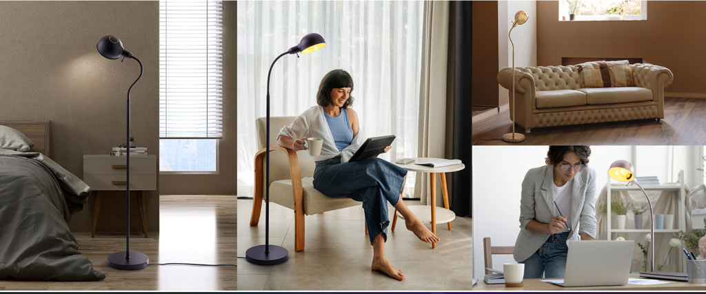 OBright Nova lifestyle collage in bedroom nightstand, living room sofa, reading chair, and desk