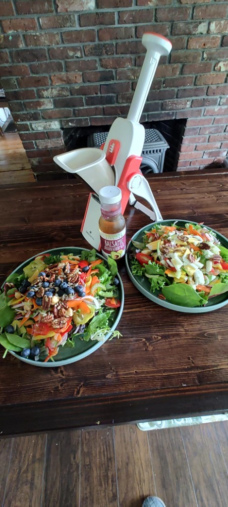 ONCE FOR ALL Upright Mandoline Slicer on Dining Table with Gourmet Salads