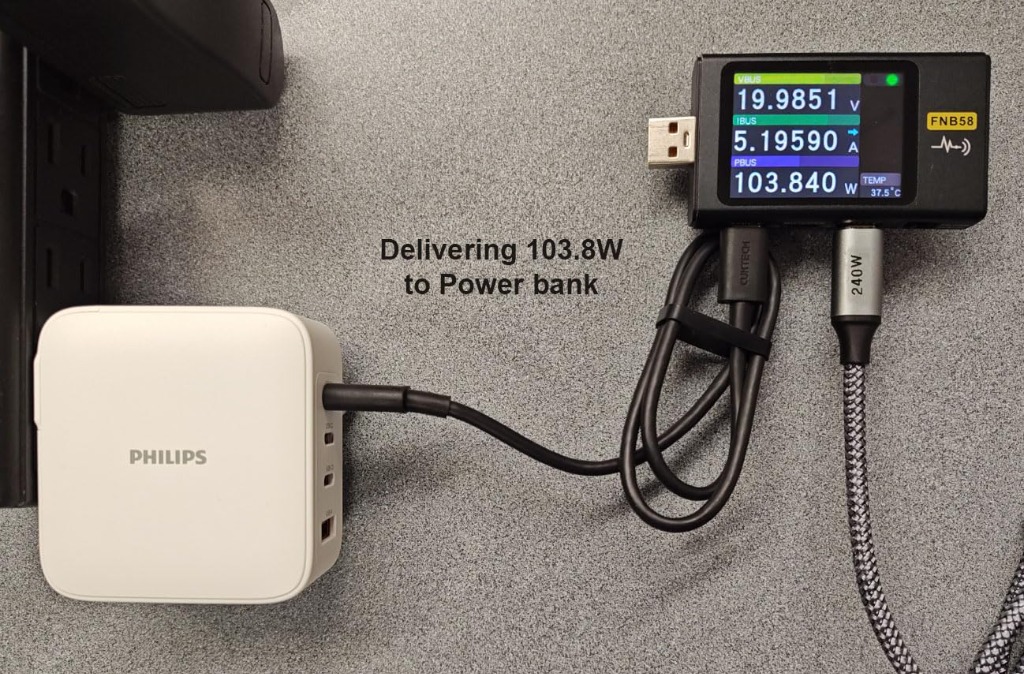 FNB58 digital power meter measuring 103.8W delivered to power bank from Philips GaN charger