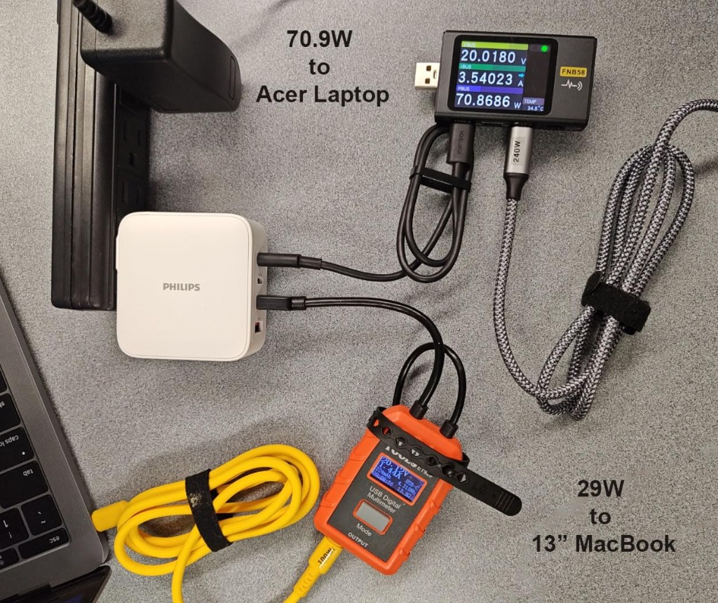 Simultaneous multi-laptop charging test delivering 70.9W to Acer laptop and 29W to MacBook