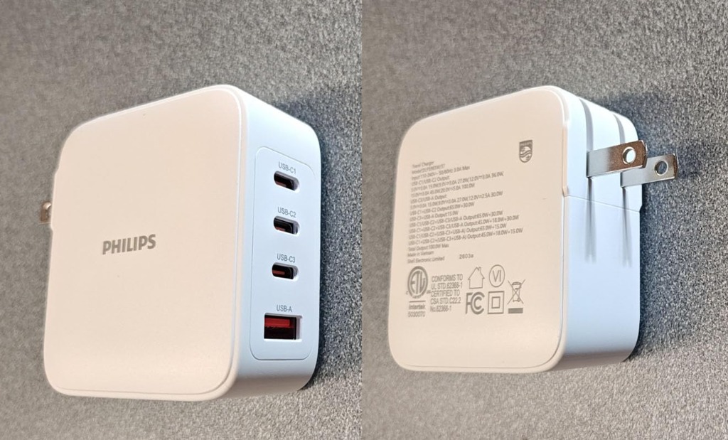 Philips 100W 4-port layout front view and rear specification plate showing ETL certification