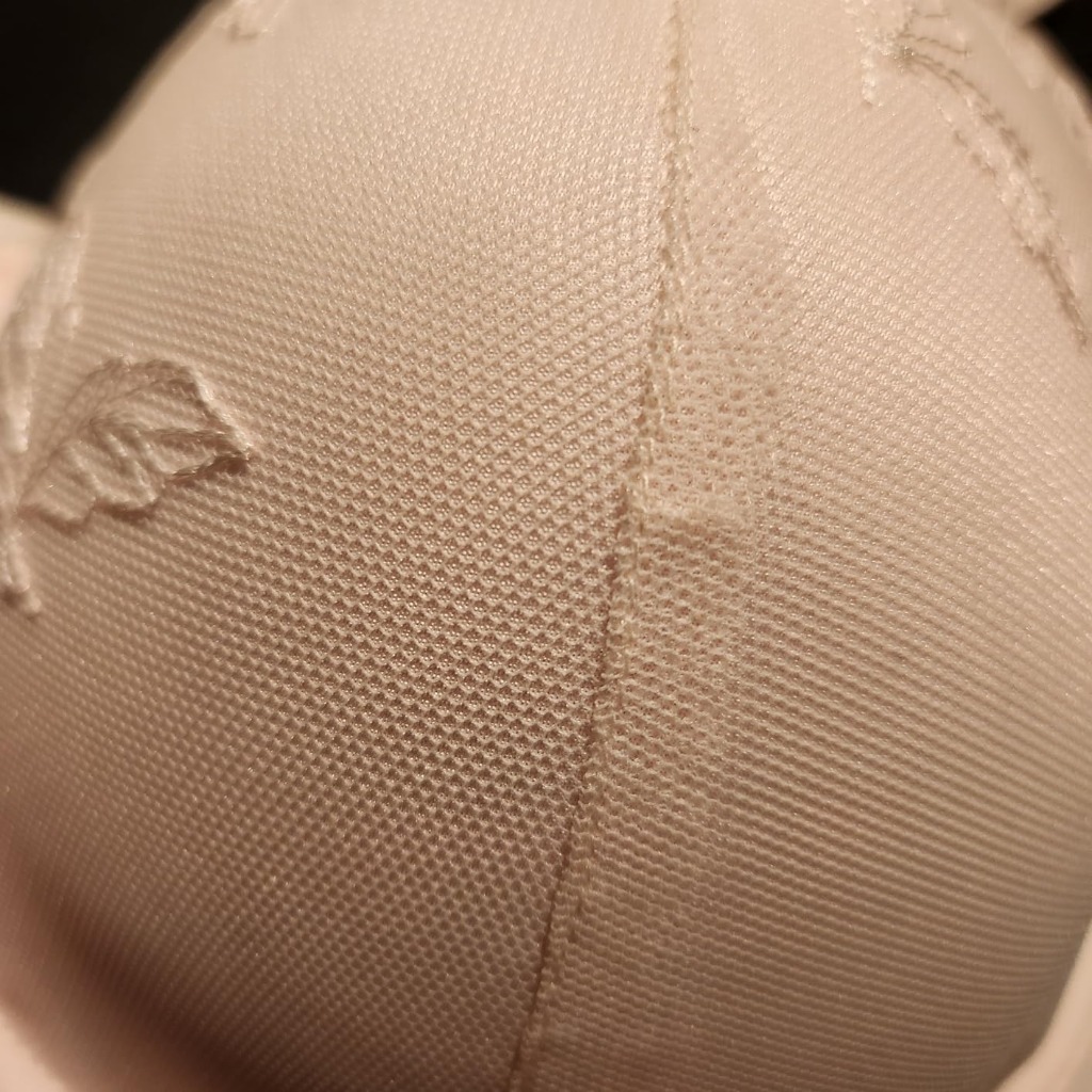 Macro close-up of Playtex embroidered lace weave and foam lining