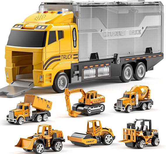 7-in-1 Die-Cast Construction Carrier Truck Playset (6 Mini Vehicles)