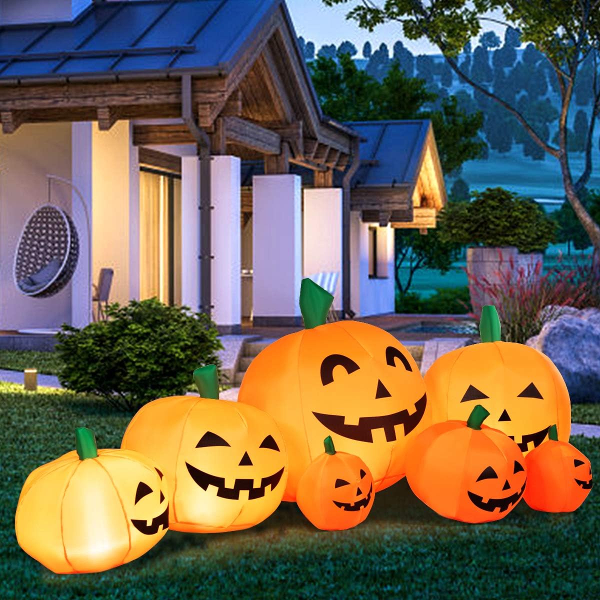 Tangkula 7.5 Ft Inflatable Pumpkin Patch (7 Jack-o'-Lanterns with Built-in LEDs)