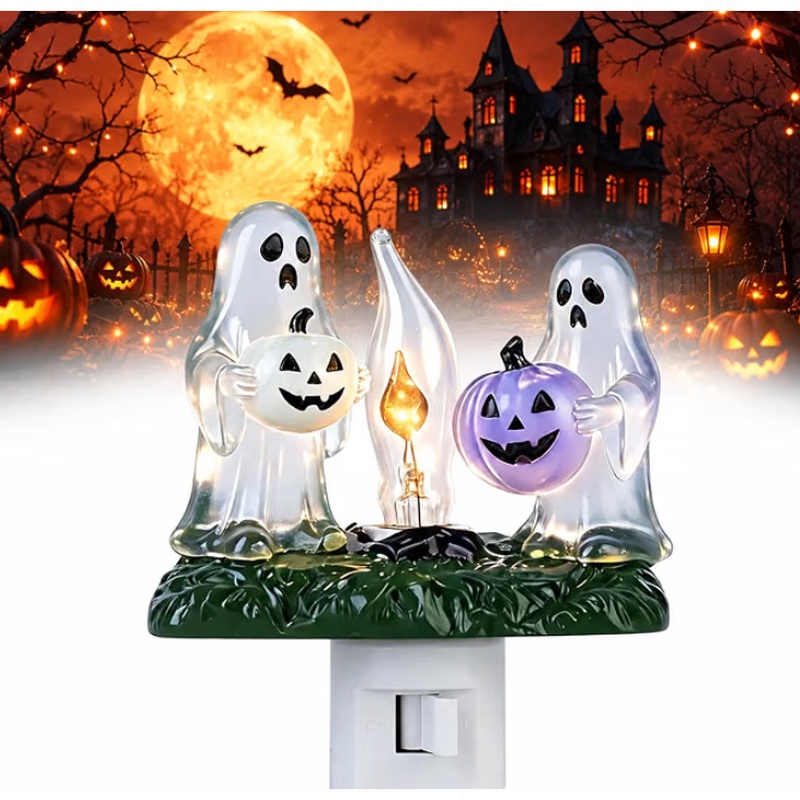 Halloween Transparent Ghost Pumpkin Plug-in Night Light (Warm Flickering Candle Glow)