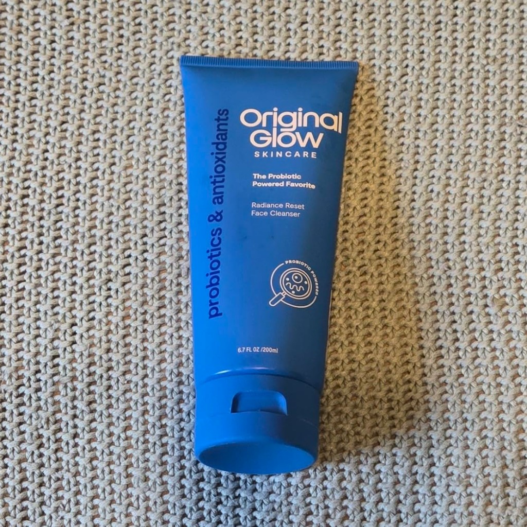 Original Glow Cleanser on knit blanket flatlay