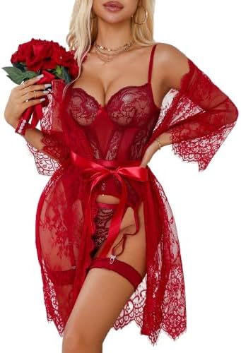 CHALOVELO 4-Piece Sexy Lace Corset, Garter Belt & Robe Lingerie Set