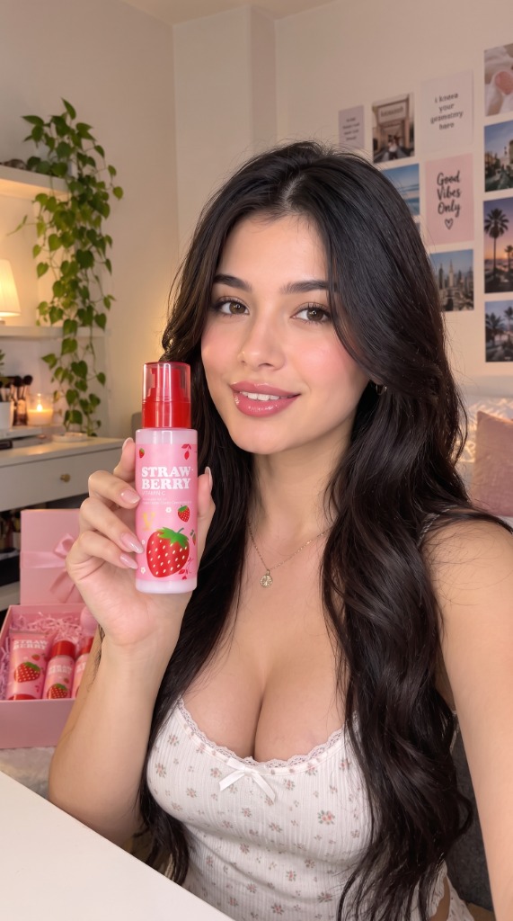 Model holding SADOER Strawberry Vitamin C Emulsion Lotion bottle
