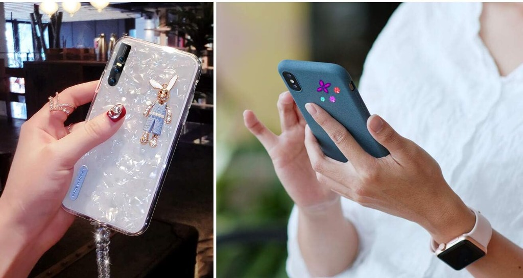 Hands holding customized smartphone cases decorated with Selizo floral and bunny rhinestone accents