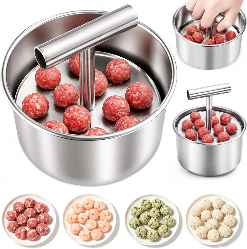 12-Ball Stainless Steel Meatball Maker Press Tool Next to 14 Freshly Formed Meatballs