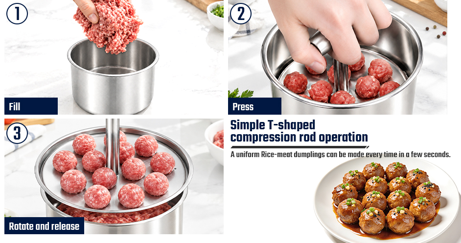 3-Step Meatball Maker Operation: Fill Basin, Press Down T-Handle, Release Uniform Balls