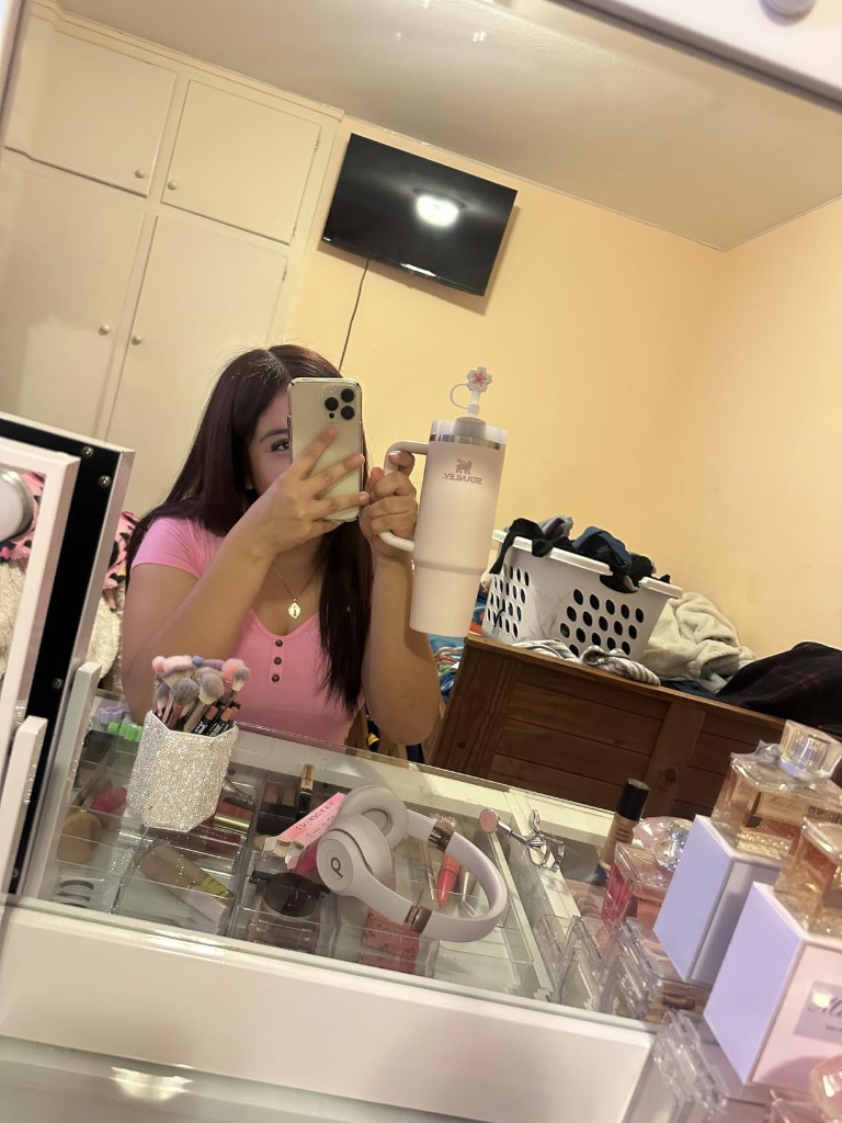 Cream Stanley Quencher on Vanity Desk