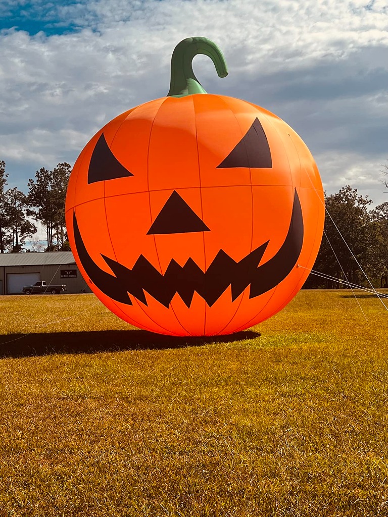 TKLoop Giant Pumpkin fully inflated in open field with heavy duty guy-lines