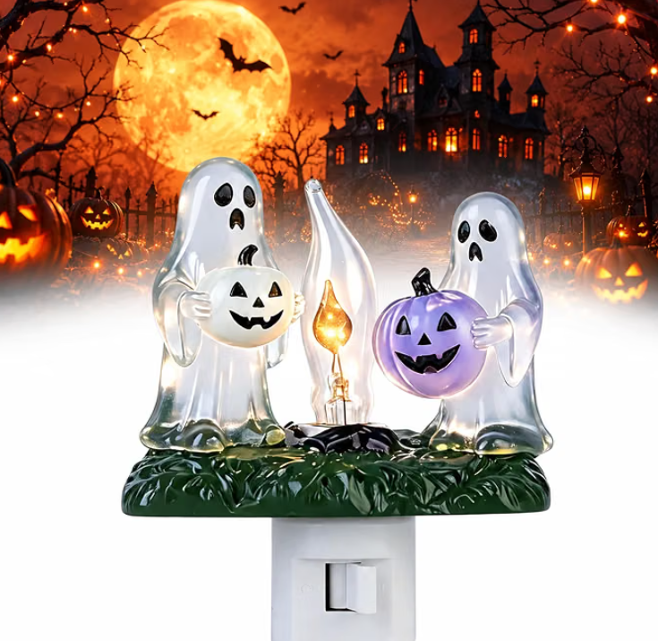 Transparent ghost pumpkin night light unit with dual ghosts and pumpkins